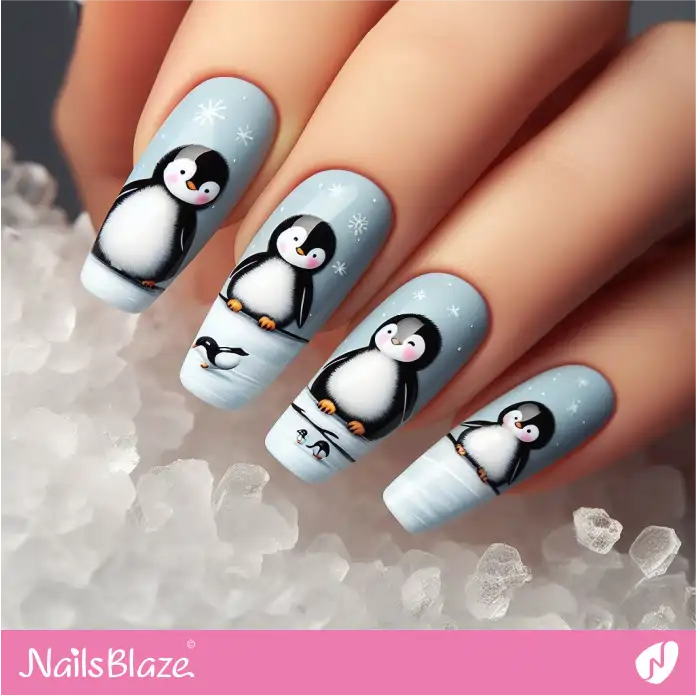 Nail Design of Playful Penguins Sliding on Ice | Polar Wonders Nails - NB3122